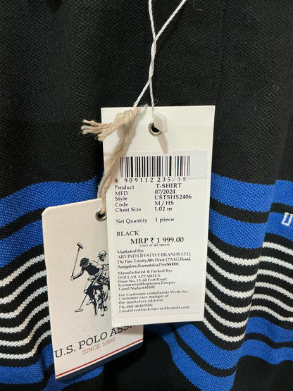 U.S. Polo Assn. Men’s Black Polo T-Shirt with Blue & White Stripes | Cotton Regular Fit
