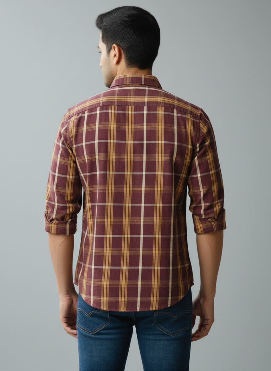 Tommy Hilfiger Men's  Checked Casual Shirt (Maroon & Yellow)