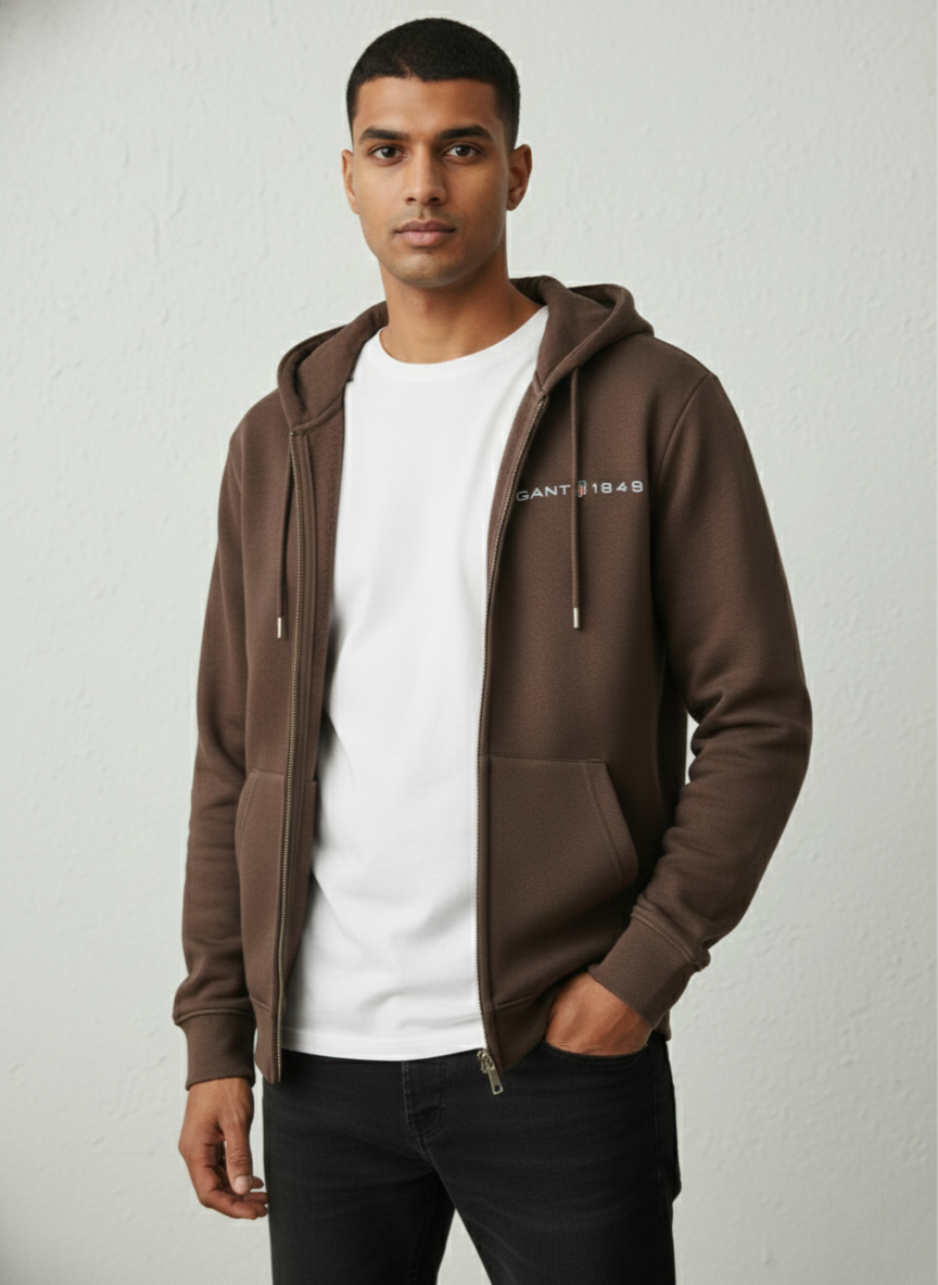 GANT Men’s Coffee Brown Zip-Up Hooded Sweatshirt
