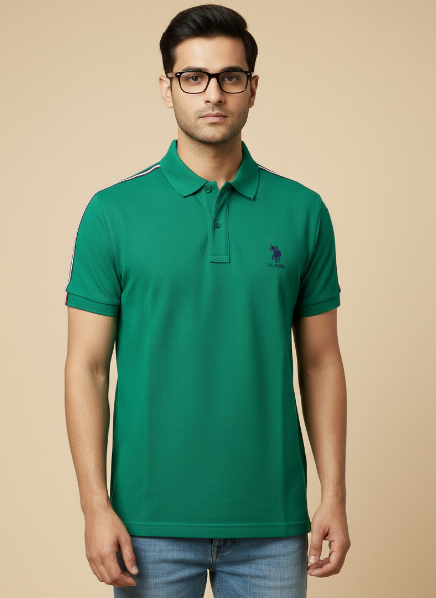 U.S. Polo Assn. Men’s Green Solid Polo T-Shirt with Shoulder Stripe Detail | Cotton Regular Fit