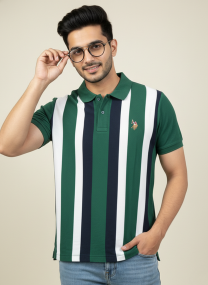 U.S. Polo Assn. Men’s Olive Green Vertical Stripe Polo T-Shirt | Cotton Regular Fit