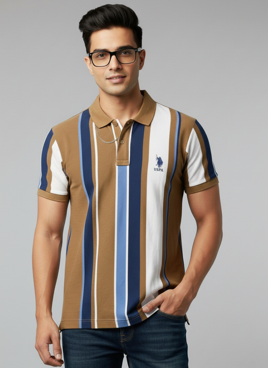 U.S. Polo Assn. Men’s Brown Vertical Stripe Polo T-Shirt | Cotton Regular Fit