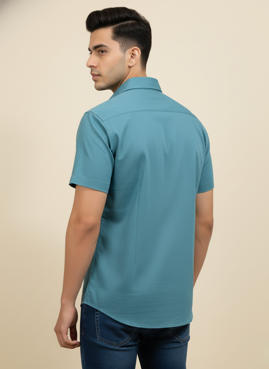 Rare Rabbit Braga Teal Blue Solid Half Sleeve Shirt for Men