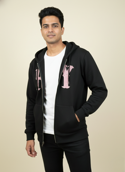 Rare Rabbit Black Graphic Zip-Up Hoodie