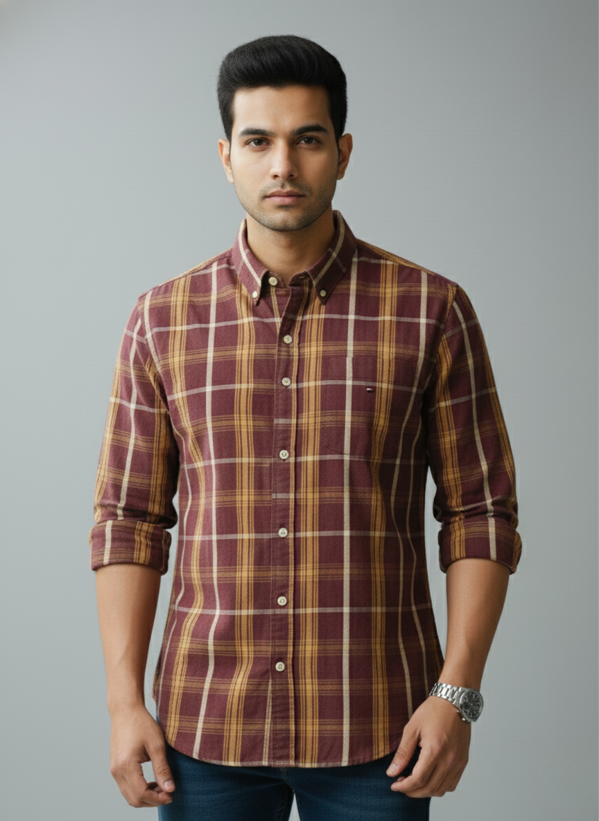 Tommy Hilfiger Men's  Checked Casual Shirt (Maroon & Yellow)
