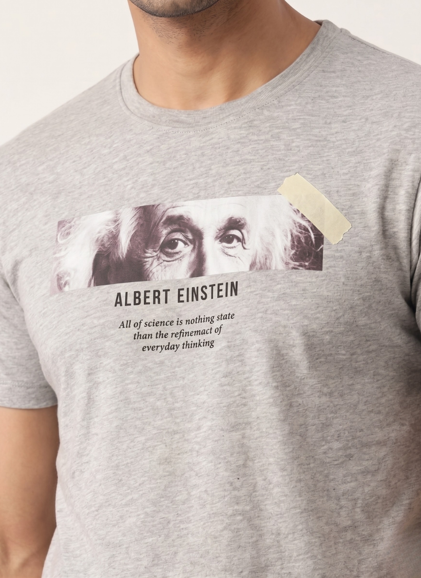 Spykar Men's Grey Melange Albert Einstein Graphic Quote T-Shirt