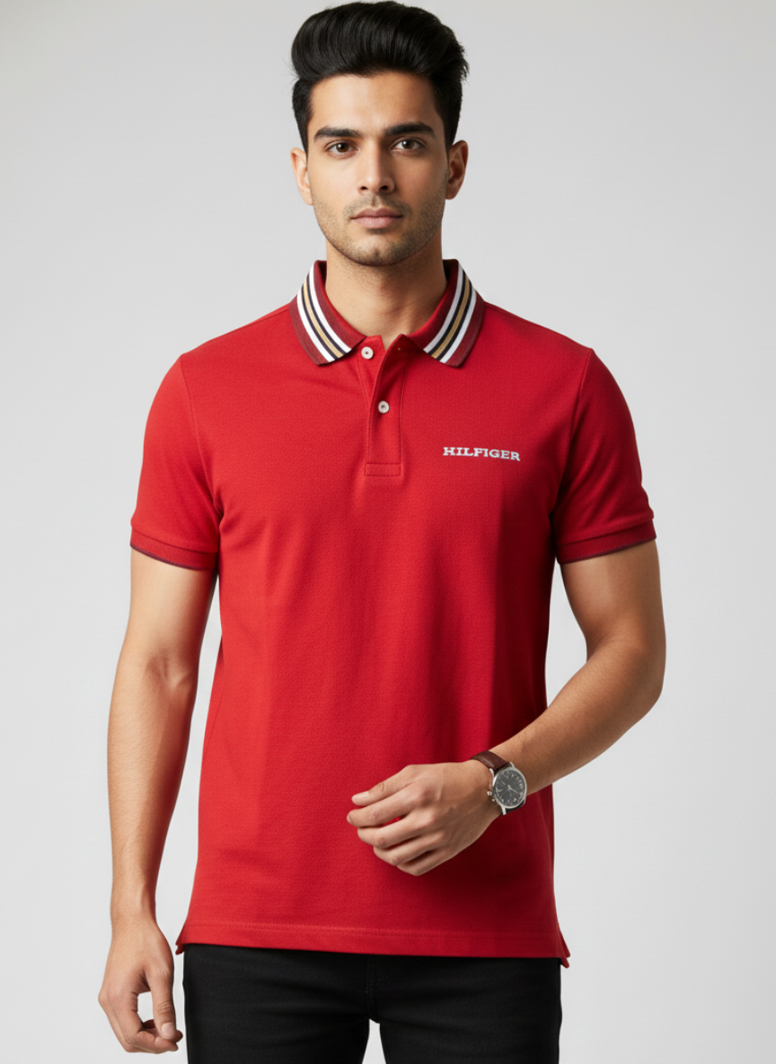 Tommy Hilfiger Men’s Red Polo T-Shirt with Striped Collar