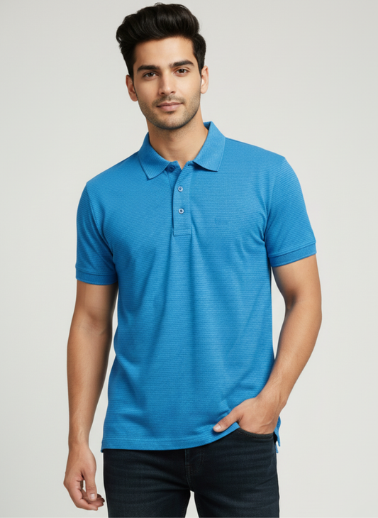 Rare Rabbit Men’s Striped Polo T-Shirt – Blue | Premium Cotton Stretch Fit