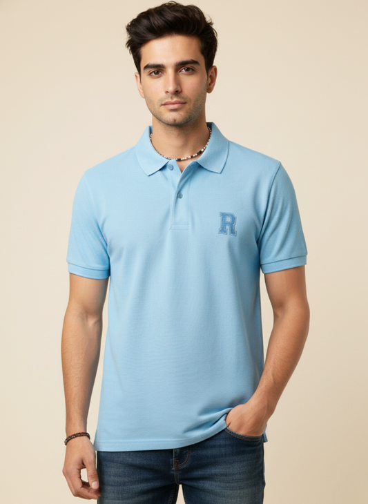 Rare Rabbit Men’s Solid Polo T-Shirt – Sky Blue | Premium Cotton Piqué