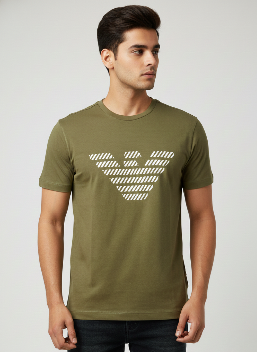 Emporio Armani Men’s Olive Green Logo Print Premium Cotton T-Shirt
