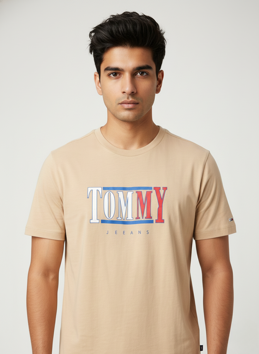 Tommy Jeans Unisex Beige Centered Logo Premium Cotton T-Shirt