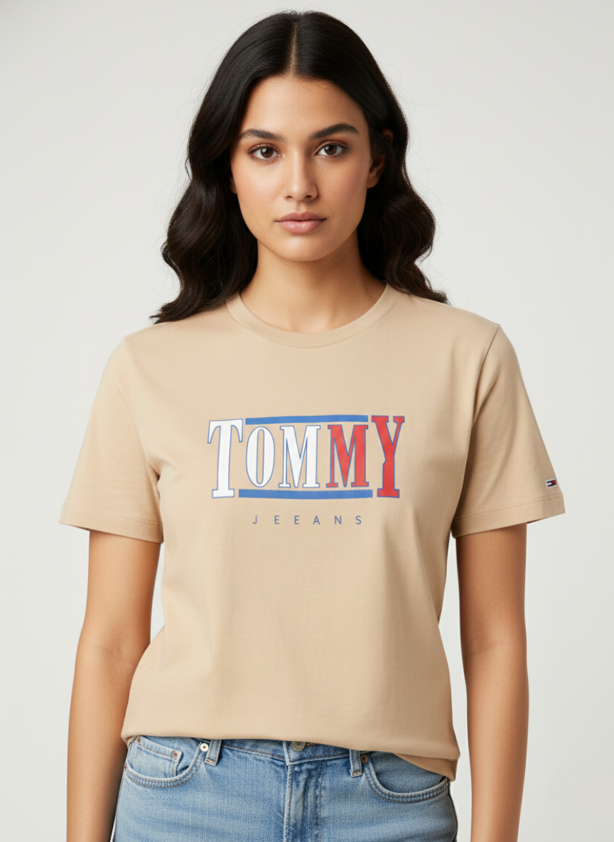 Tommy Jeans Unisex Beige Centered Logo Premium Cotton T-Shirt