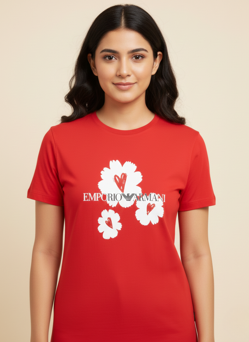 Emporio Armani Unisex Red Floral Logo Print Premium Cotton T-Shirt
