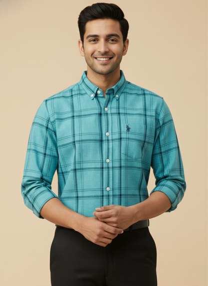U.S. Polo Assn. Men's Checkered Tailored Fit Casual Shirt for (Teal Blue)