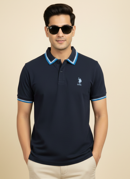 U.S. Polo Assn. Men’s Navy Blue Tipped Collar Polo T-Shirt | Classic Cotton Fit
