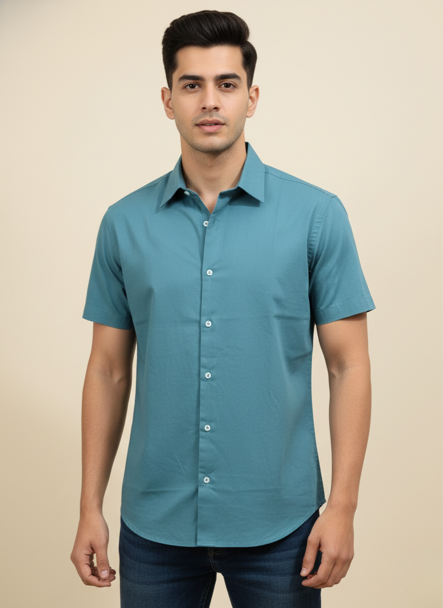 Rare Rabbit Braga Teal Blue Solid Half Sleeve Shirt for Men