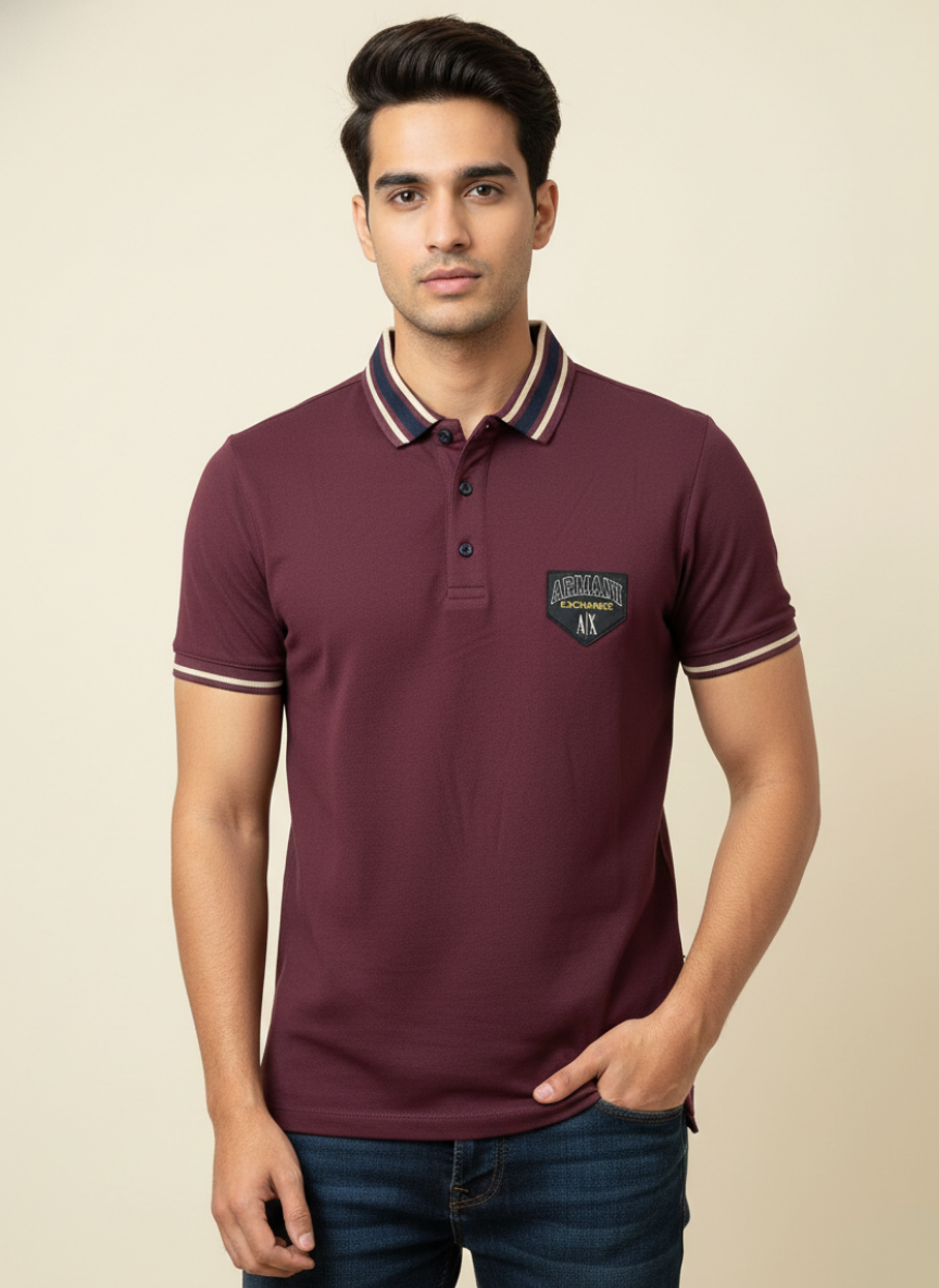 Armani Exchange Men’s Maroon Polo T-Shirt with Logo Patch | Premium Cotton