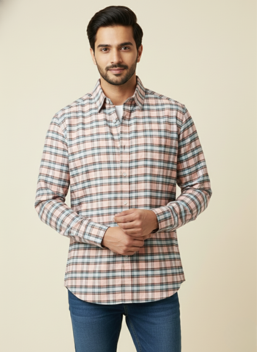 Rare Rabbit Peach & Teal Checked Slim Fit Full Sleeve Shirt