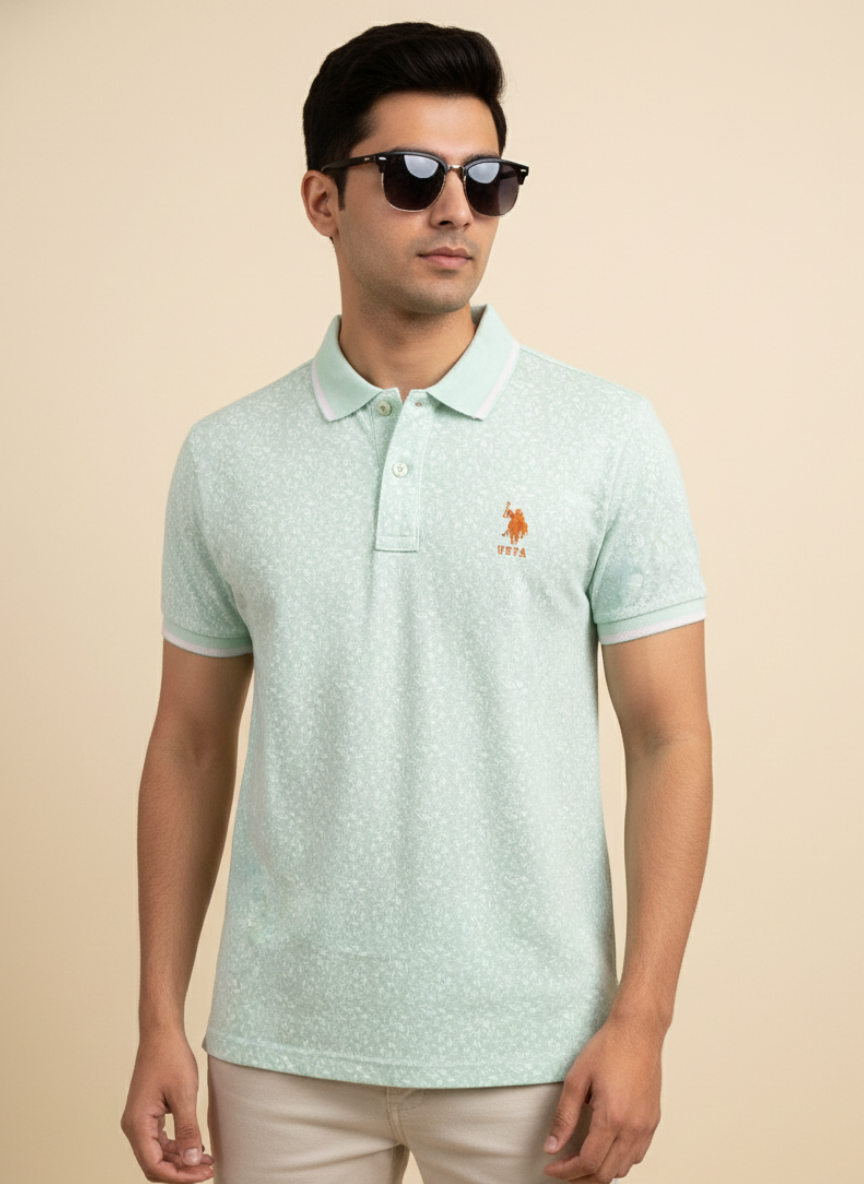 U.S. Polo Assn. Men’s Mint Green All-Over Print Polo T-Shirt | Premium Cotton Casual Fit