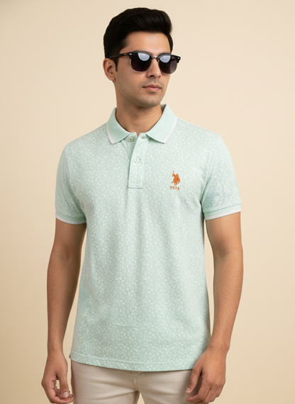 U.S. Polo Assn. Men’s Mint Green All-Over Print Polo T-Shirt | Premium Cotton Casual Fit