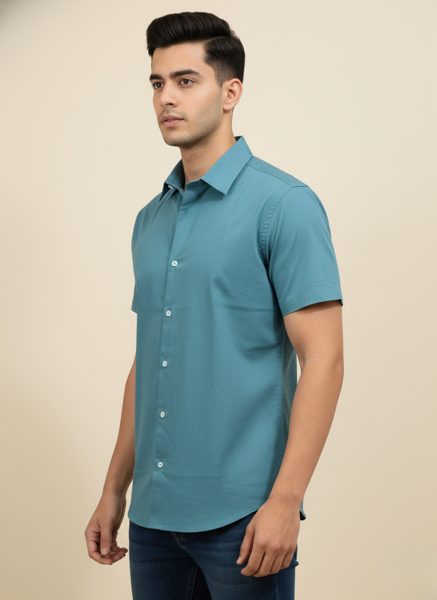 Rare Rabbit Braga Teal Blue Solid Half Sleeve Shirt for Men