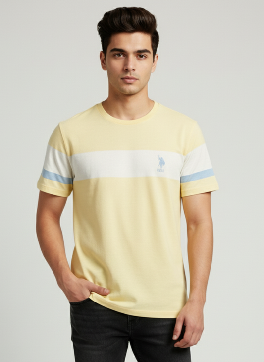 U.S. Polo Assn. Men's Light Yellow Casual T-Shirt with Blue Stripes