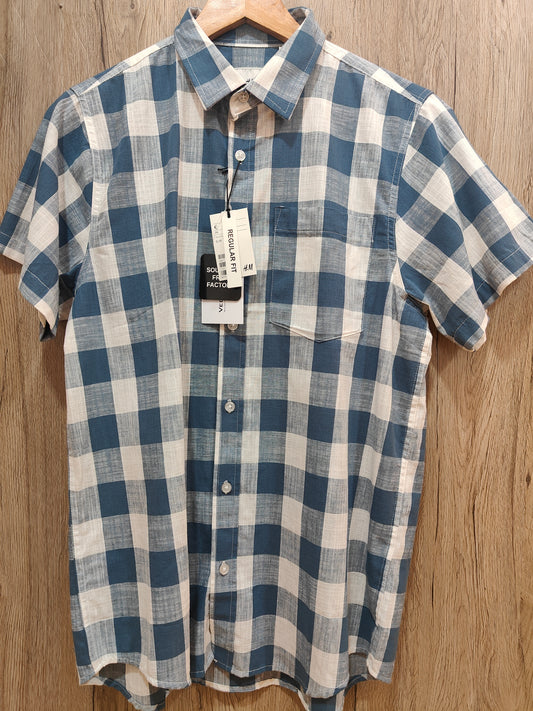 H&M Men’s Checkered Short Sleeve Cotton Shirt (Blue & White)