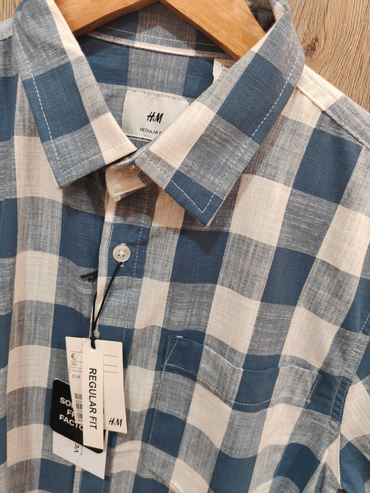 H&M Men’s Checkered Short Sleeve Cotton Shirt (Blue & White)