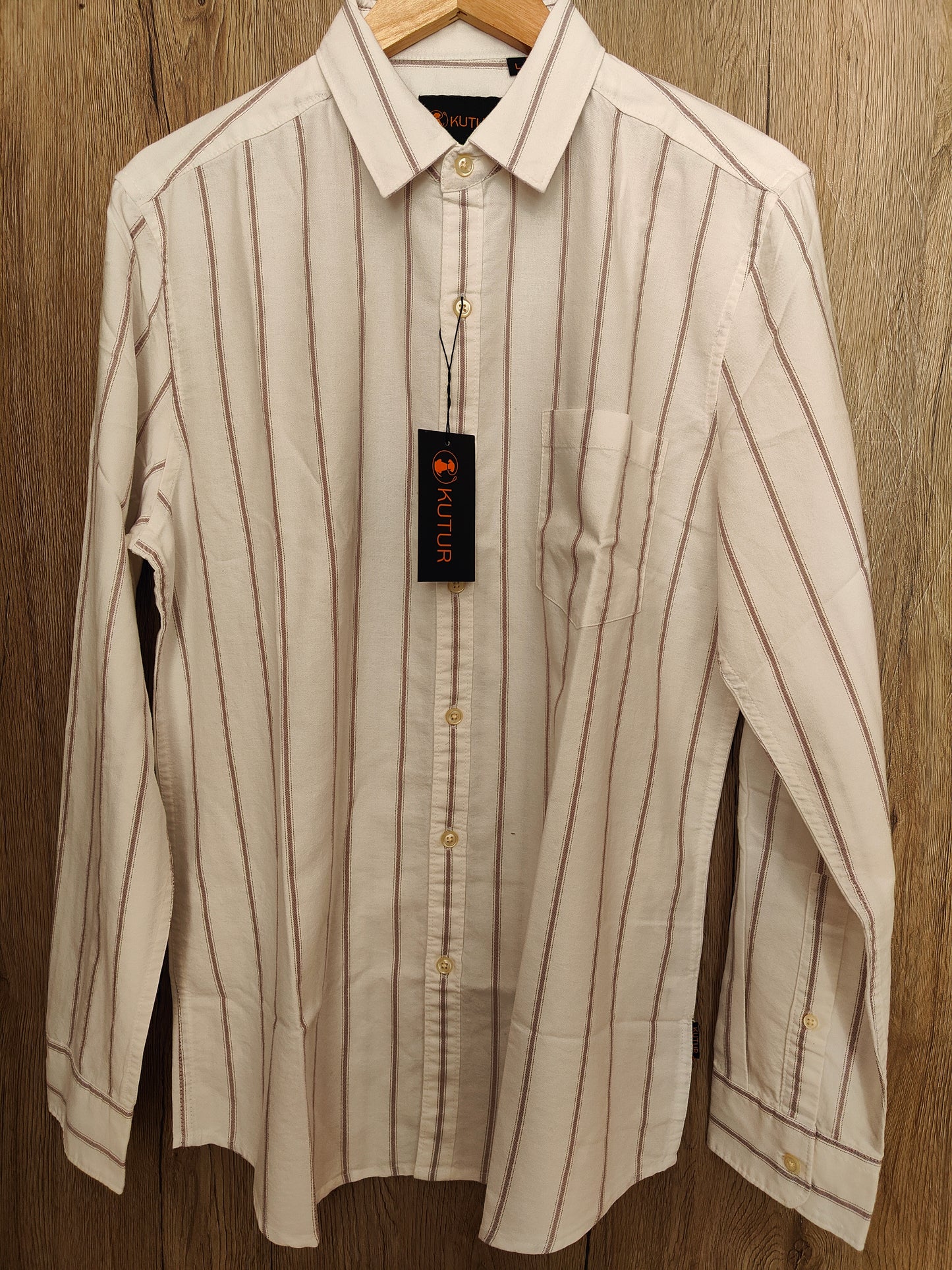 Kutur Men's Cream & Brown Striped Cotton Shirt