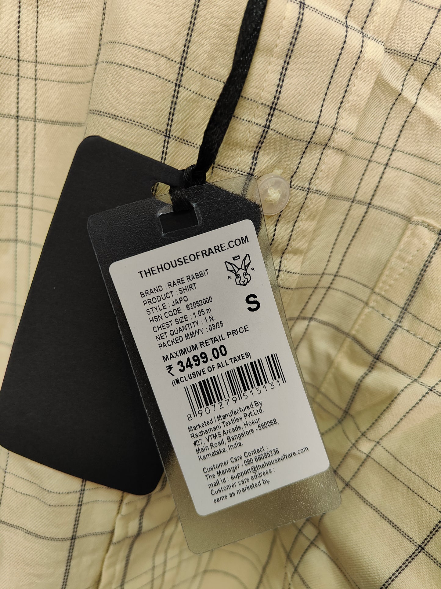 Rare Rabbit Butter Yellow & Black Checked Slim Fit Full Sleeve Shirt