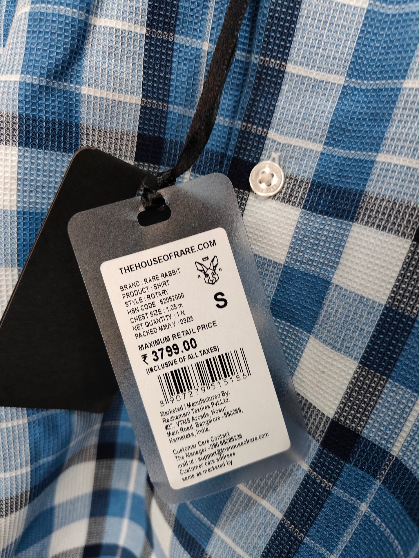 Rare Rabbit Blue & White Checkered Full Sleeve Shirt – Premium Casual Wear