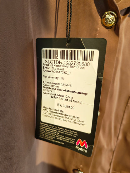 StyleCast Brown Long Sleeve Shirt Dress with Gold Hardware