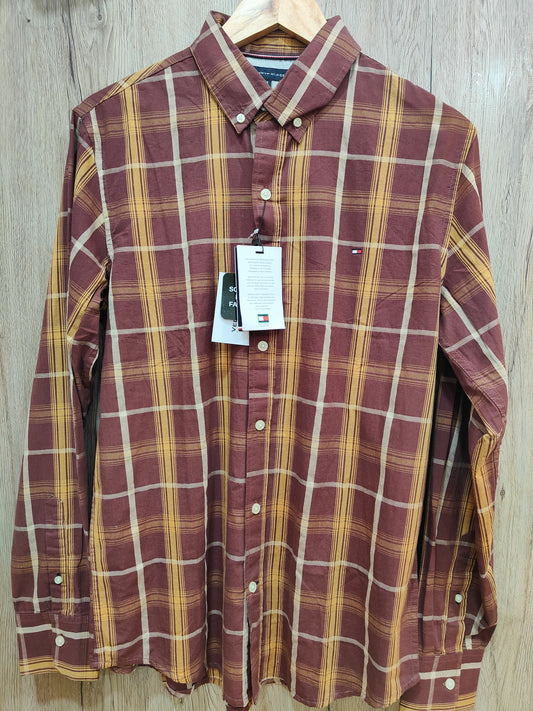 Tommy Hilfiger Men's  Checked Casual Shirt (Maroon & Yellow)
