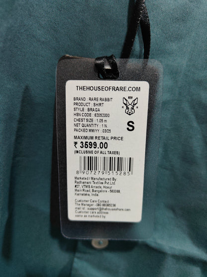 Rare Rabbit Braga Teal Blue Solid Half Sleeve Shirt for Men
