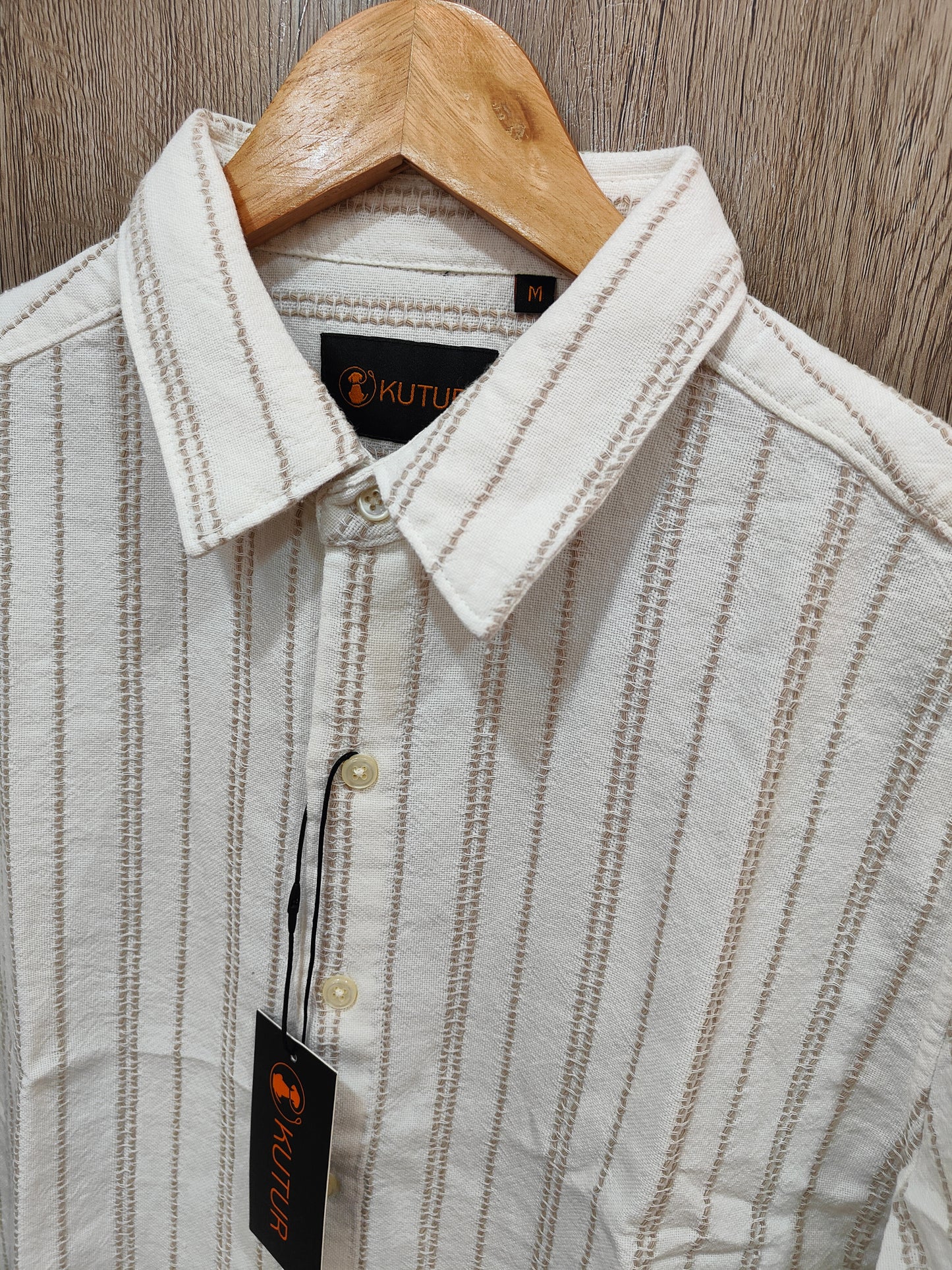 Kutur Men's Beige Textured Striped Cotton Shirt – Westside Manufacturer