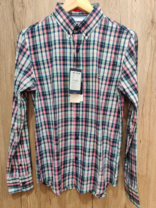 Tommy Jeans Men’s Slim Fit Button-Down Check Shirt – Pink/Navy Plaid