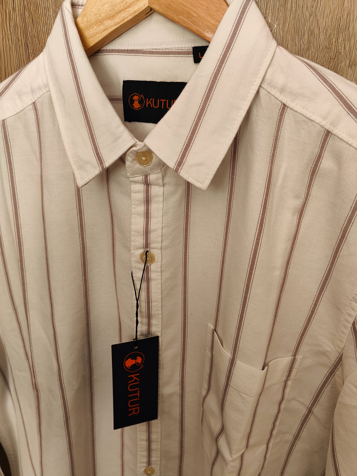 Kutur Men's Cream & Brown Striped Cotton Shirt